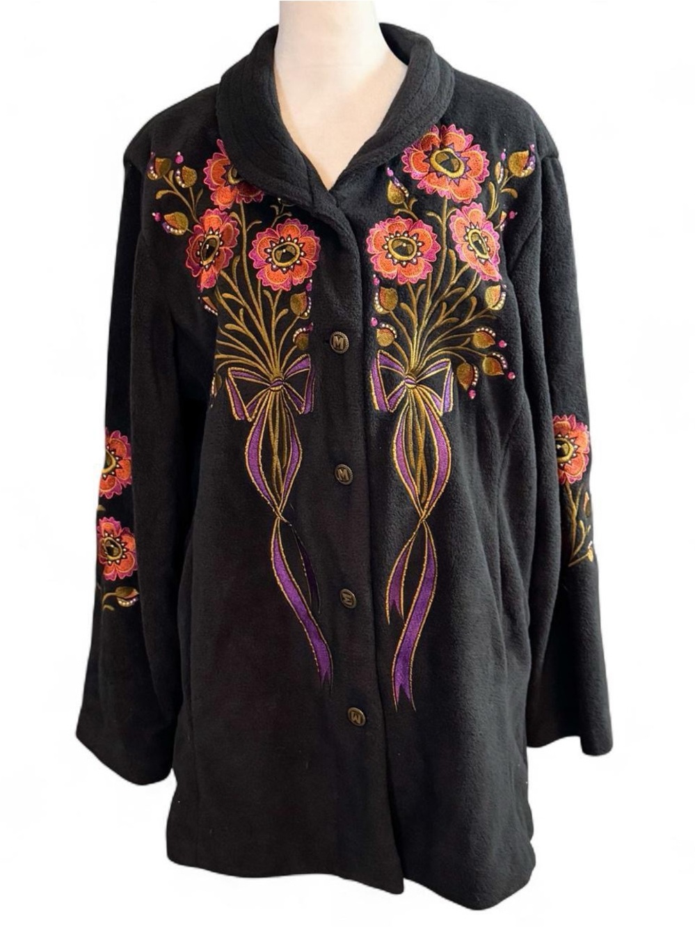 Bob Mackie Wearable Art Black Fleece Floral Embroidered Button Down Coat Size M